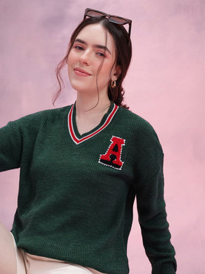 Dressberry Self Design V Neck Casual Women Green Sweater