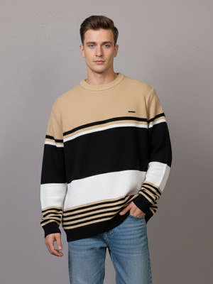 WAY TO TRENDY Striped Round Neck Casual Men Beige Sweater