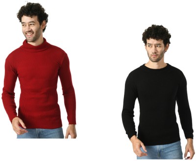 IndiWeaves Solid High Neck Casual Men Black, Maroon Sweater