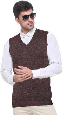Shunit creation Woven V Neck Casual Men Brown Sweater