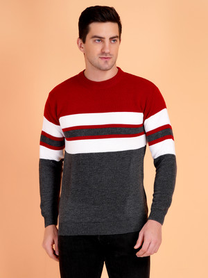 AXOLOTL Striped Round Neck Casual Men Grey Sweater