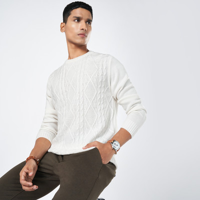 Byford by Pantaloons Self Design Round Neck Casual Men Light Blue Sweater