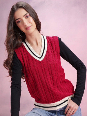Dressberry Self Design V Neck Casual Women Maroon Sweater