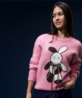 Tokyo Talkies Self Design Round Neck Casual Women Pink Sweater