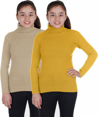 100LUCK Self Design High Neck Casual Boys & Girls Yellow, Beige Sweater