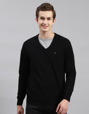 MONTE CARLO Solid V Neck Casual Men Black Sweater