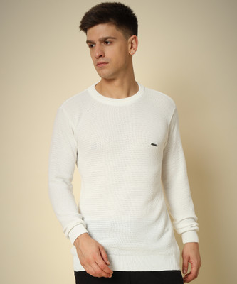 HELL BOUND Solid Round Neck Casual Men White Sweater