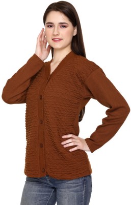 ENOV Woven V Neck Casual Women Brown Sweater