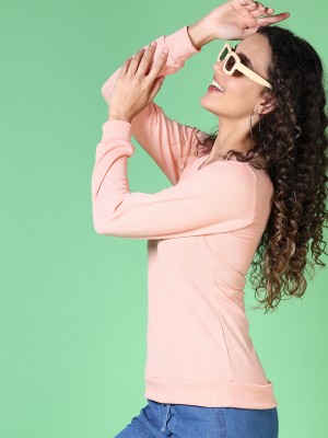 V-MART Solid Round Neck Casual Women Pink Sweater