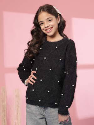Albion Solid Round Neck Casual Girls Black Sweater