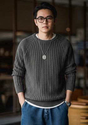 Cat Bunny Solid Round Neck Casual Men Grey Sweater