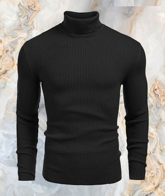 Cat Bunny Solid High Neck Casual Men Black Sweater