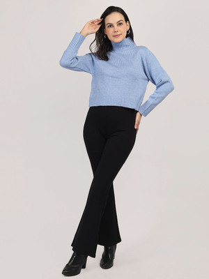 CHKOKKO Self Design High Neck Casual Women Light Blue Sweater