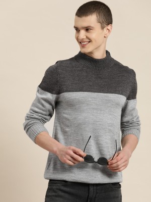 HERE&NOW Colorblock Round Neck Casual Men Grey Sweater