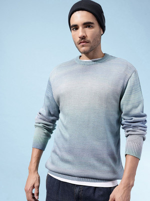Glitchez Colorblock Round Neck Casual Men Blue Sweater