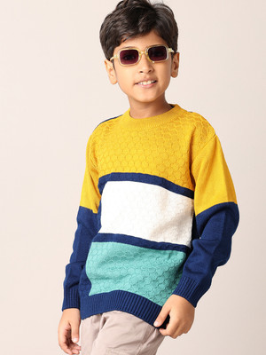 V-MART Colorblock Round Neck Casual Boys Blue Sweater