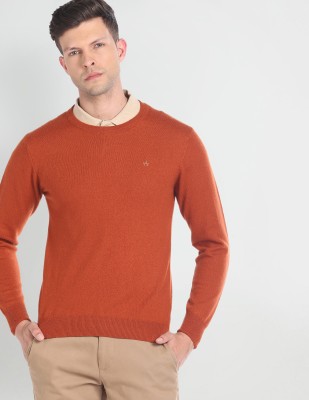 ARROW Solid Crew Neck Casual Men Orange Sweater