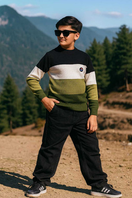DIMSYCOLLECTION Colorblock Round Neck Casual Boys Green Sweater
