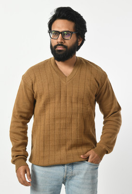 manra Self Design V Neck Casual Men Beige Sweater