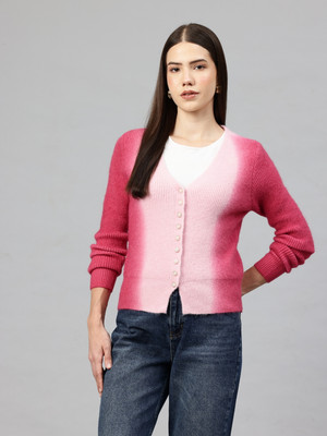 PIERRE CARLO Embroidered V Neck Casual Women Pink Sweater