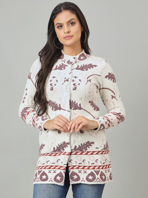 DUKE Self Design Mandarin Neck Casual Women White Sweater