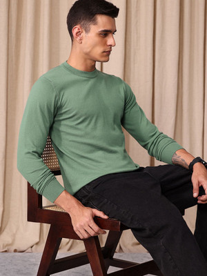 Mr Bowerbird Solid Round Neck Casual Men Green Sweater