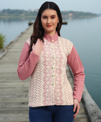 SYDNEY HILLS Embroidered Mandarin Neck Casual Women Pink, White Sweater