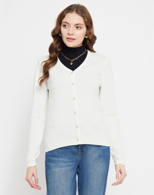 MADAME Solid V Neck Casual Women White Sweater
