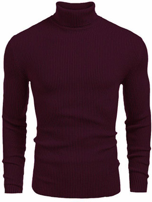 HouseOfCommon Solid Turtle Neck Casual Men Maroon Sweater