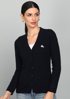 MONTE CARLO Self Design V Neck Casual Women Dark Blue Sweater