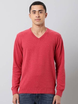 INDIAN TERRAIN Solid V Neck Casual Men Red Sweater