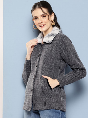 MUHURATAM Solid Collared Neck Party Women Black Sweater