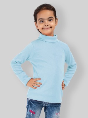 YHA Solid High Neck Casual Girls Light Blue Sweater