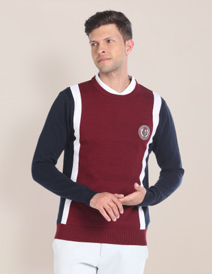 U.S. POLO ASSN. Printed, Colorblock Round Neck Casual Men Multicolor Sweater