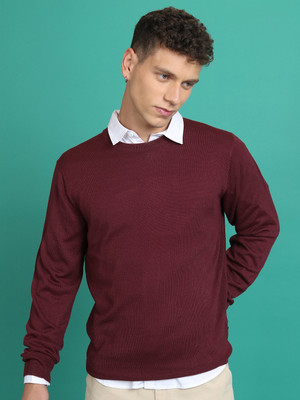 HIGHLANDER Solid Round Neck Casual Men Red Sweater