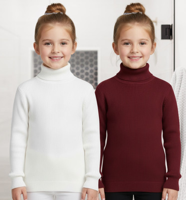 salvia Solid High Neck Casual Girls Maroon, White Sweater