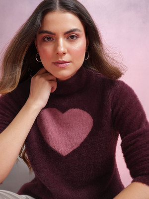 Dressberry Printed Collared Neck Casual Women Brown Sweater