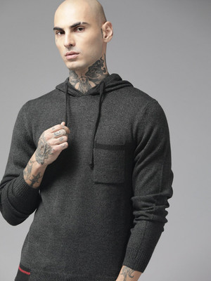 Roadster Solid Hooded Neck Casual Men Grey Sweater