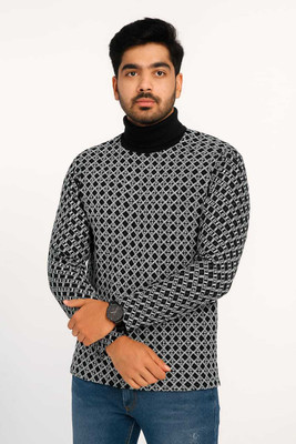 KNOTRIX Geometric Print High Neck Casual Men Black Sweater