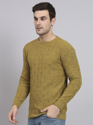 eWools Self Design Round Neck Party Men Gold Sweater