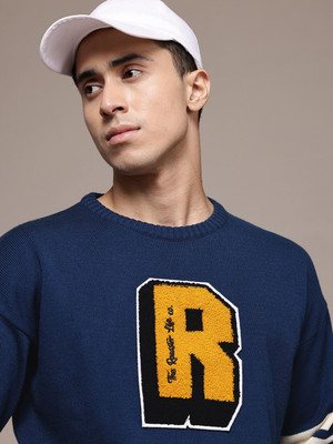 Roadster Self Design Round Neck Casual Men Blue Sweater