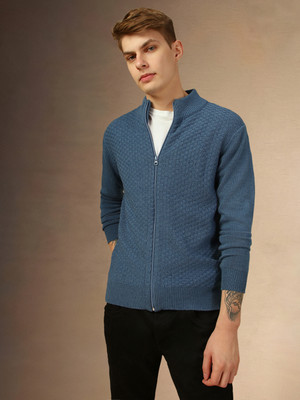 Dennis Lingo Self Design Round Neck Casual Men Blue Sweater