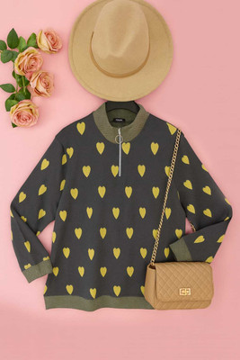 Austivo Printed High Neck Casual Women Black Sweater