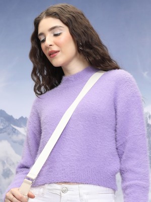 Tokyo Talkies Solid Round Neck Casual Women Purple Sweater