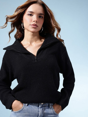kasam Solid Turtle Neck Casual Women Black Sweater
