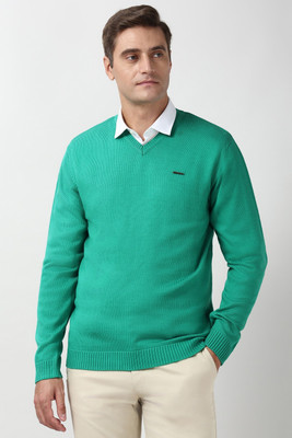 PETER ENGLAND Solid V Neck Casual Men Green Sweater