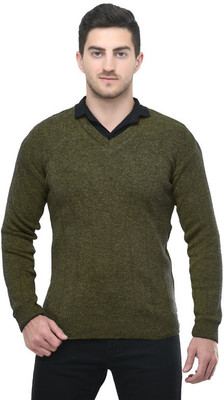 Life and style Solid V Neck Casual Men Green Sweater