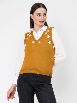 Velvery Solid V Neck Casual Women Yellow Sweater