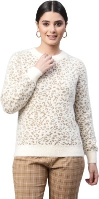 GLOBAL REPUBLIC Animal Print Round Neck Casual Women White Sweater