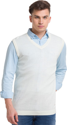 COLORPLUS Solid V Neck Casual Men White Sweater